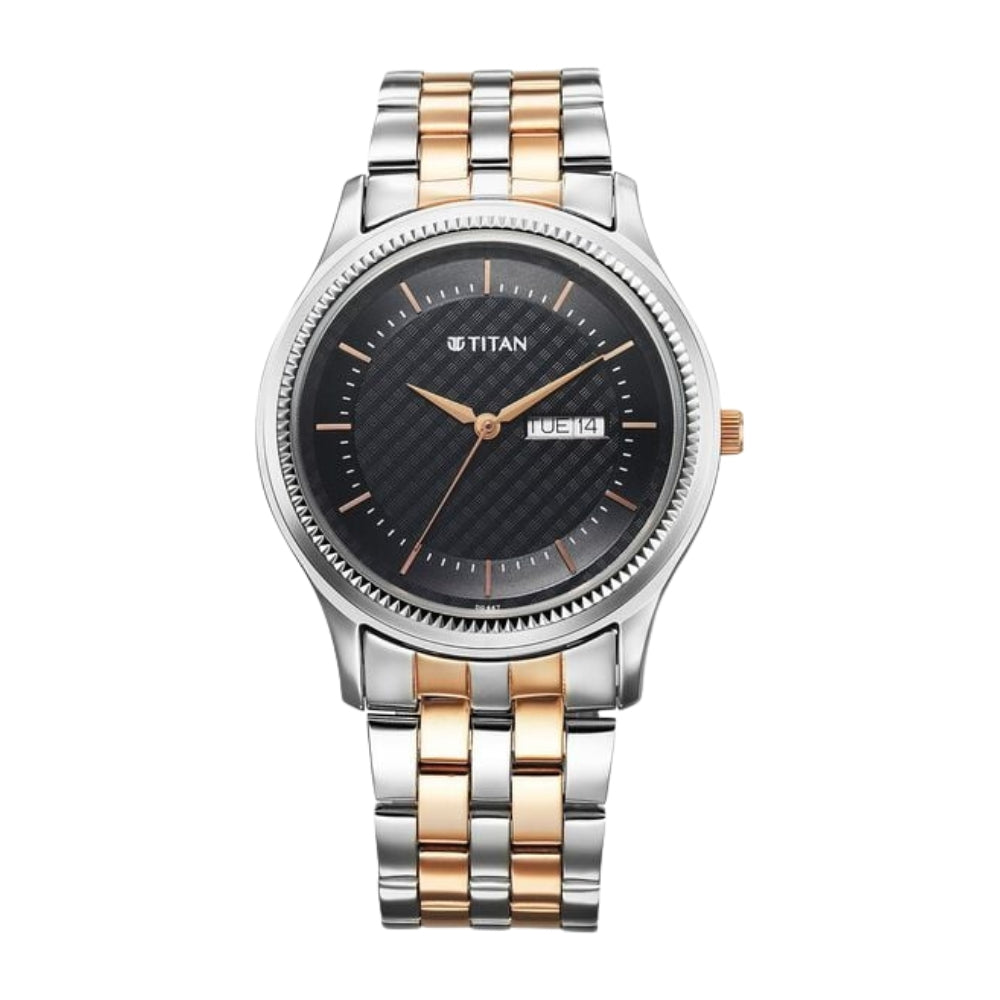 Titan Karishma Quartz Analog with Day and Date Black Dial Stainless Steel Strap Watch For Men 1824KM02