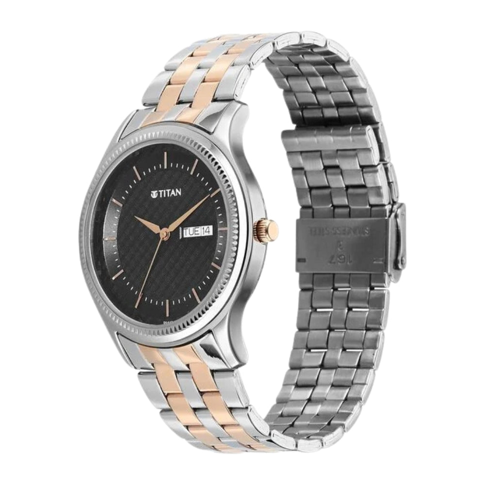 Titan Karishma Quartz Analog with Day and Date Black Dial Stainless Steel Strap Watch For Men 1824KM02