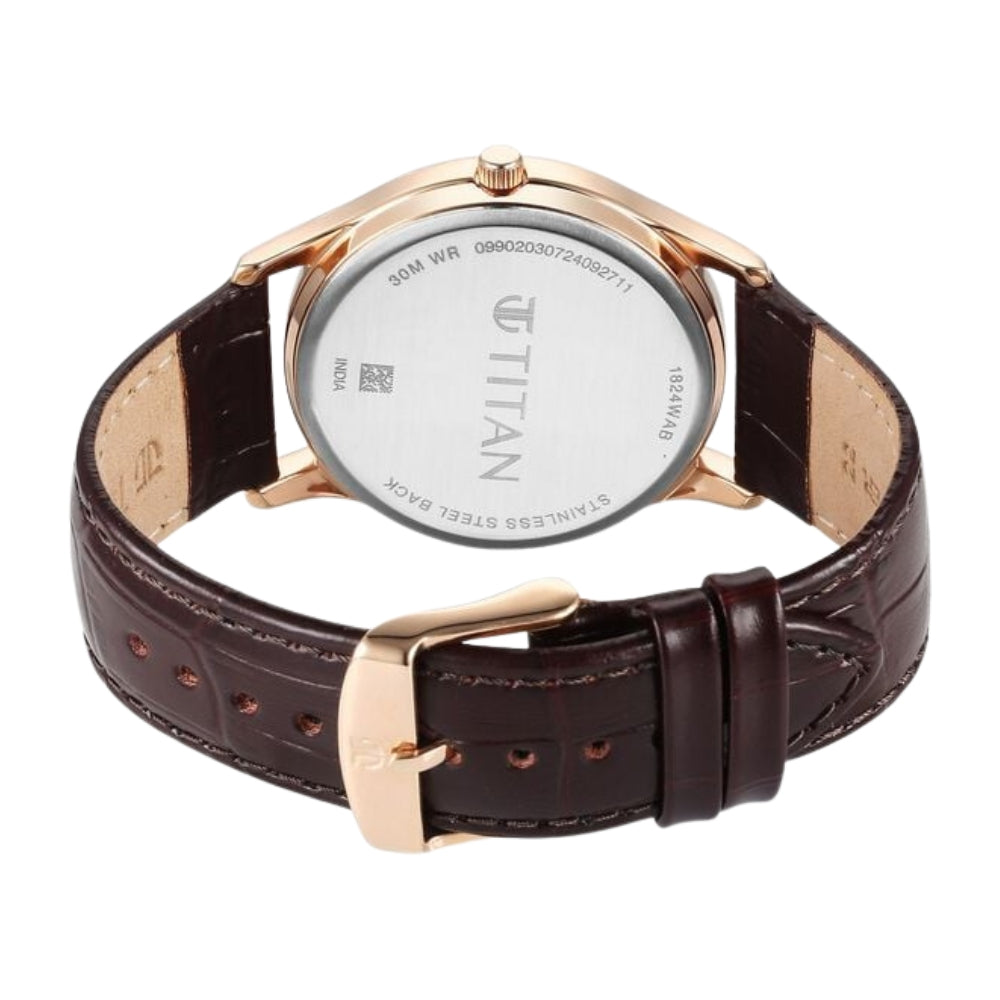 Titan Karishma Quartz Analog with Day and Date Silver Dial Leather Strap Watch For Men 1824WL03