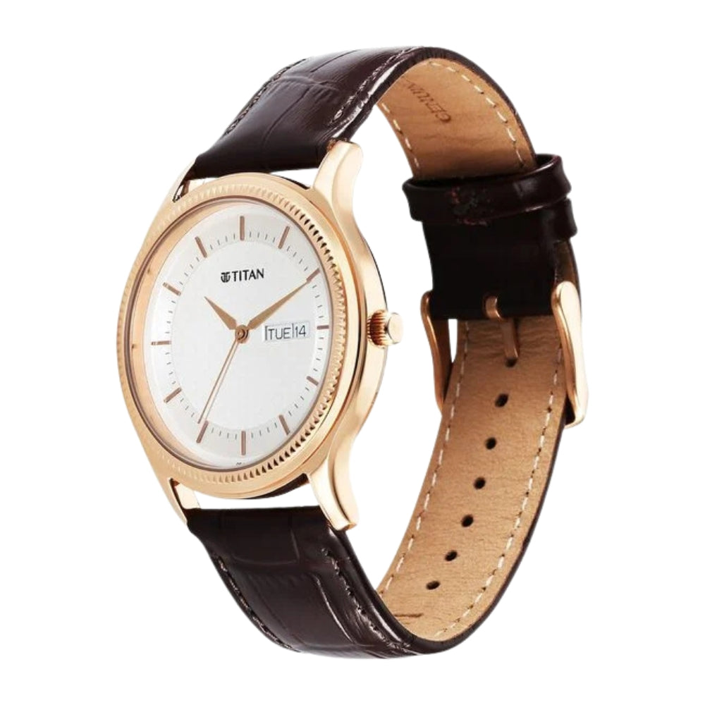 Titan Karishma Quartz Analog with Day and Date Silver Dial Leather Strap Watch For Men 1824WL03