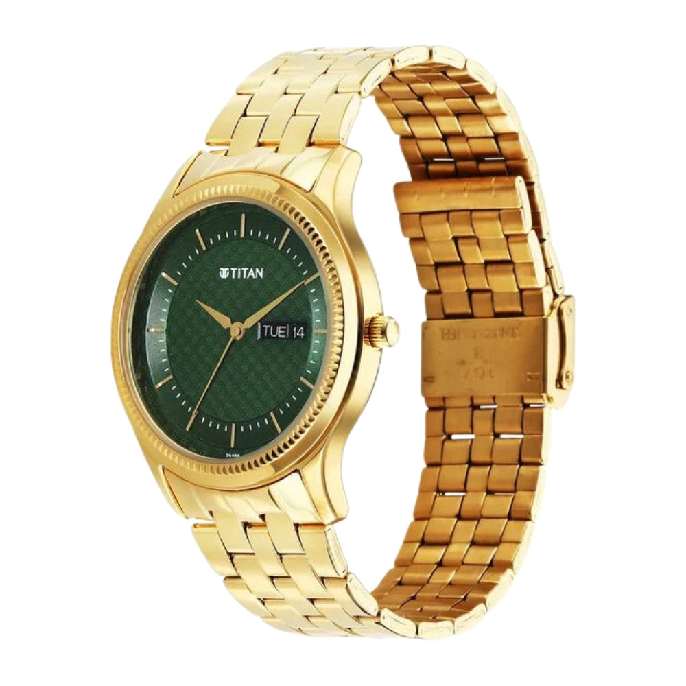 Titan Karishma Quartz Analog with Day and Date Green Dial Stainless Steel Strap Watch For Men 1824YM02