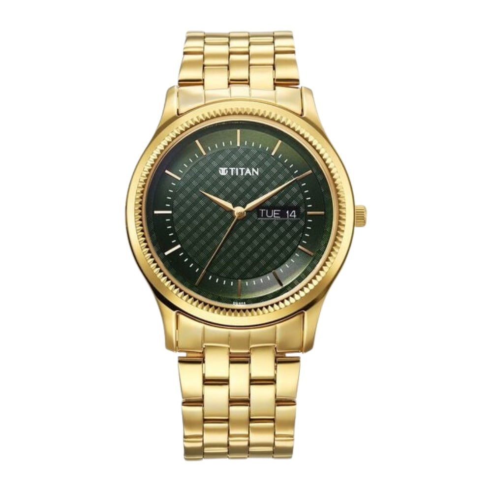 Titan Karishma Quartz Analog with Day and Date Green Dial Stainless Steel Strap Watch For Men 1824YM02