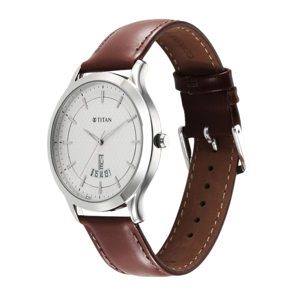 Titan Karishma Quartz Analog Silver Dial Leather Strap Watch for Men 1825SL15