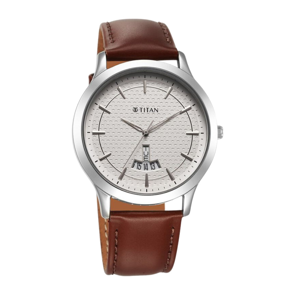 Titan Karishma Quartz Analog Silver Dial Leather Strap Watch for Men 1825SL15