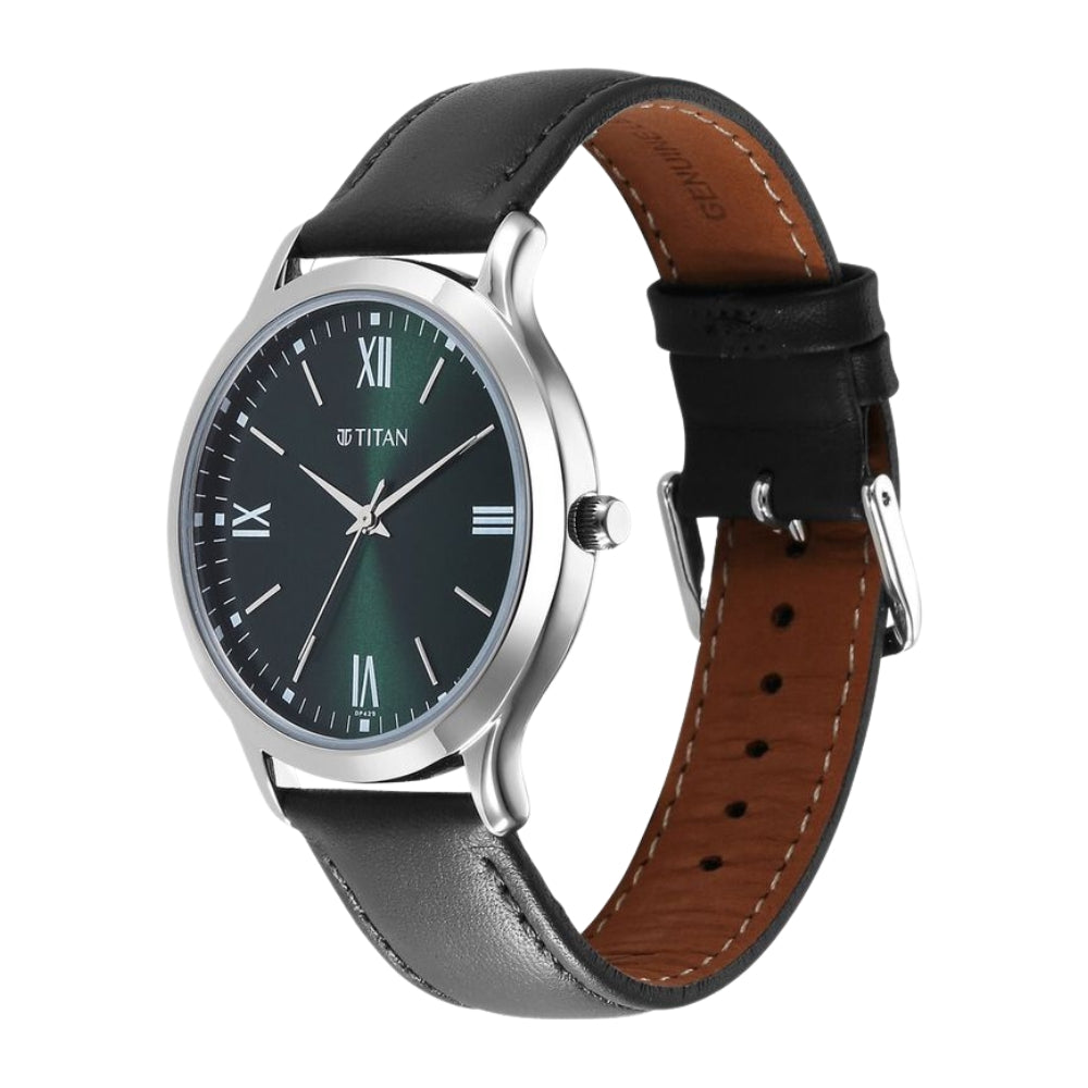 Titan Karishma Quartz Analog Green Dial Leather Strap Watch for Men 1825SL16