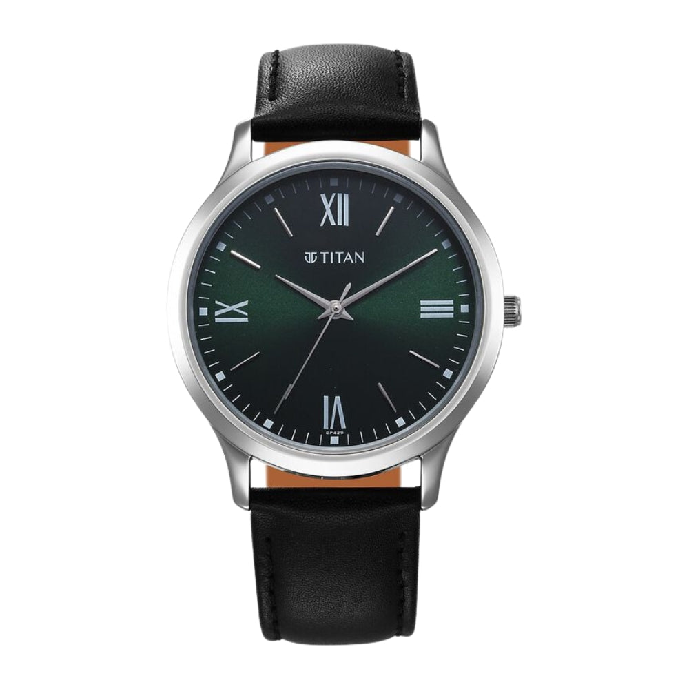 Titan Karishma Quartz Analog Green Dial Leather Strap Watch for Men 1825SL16