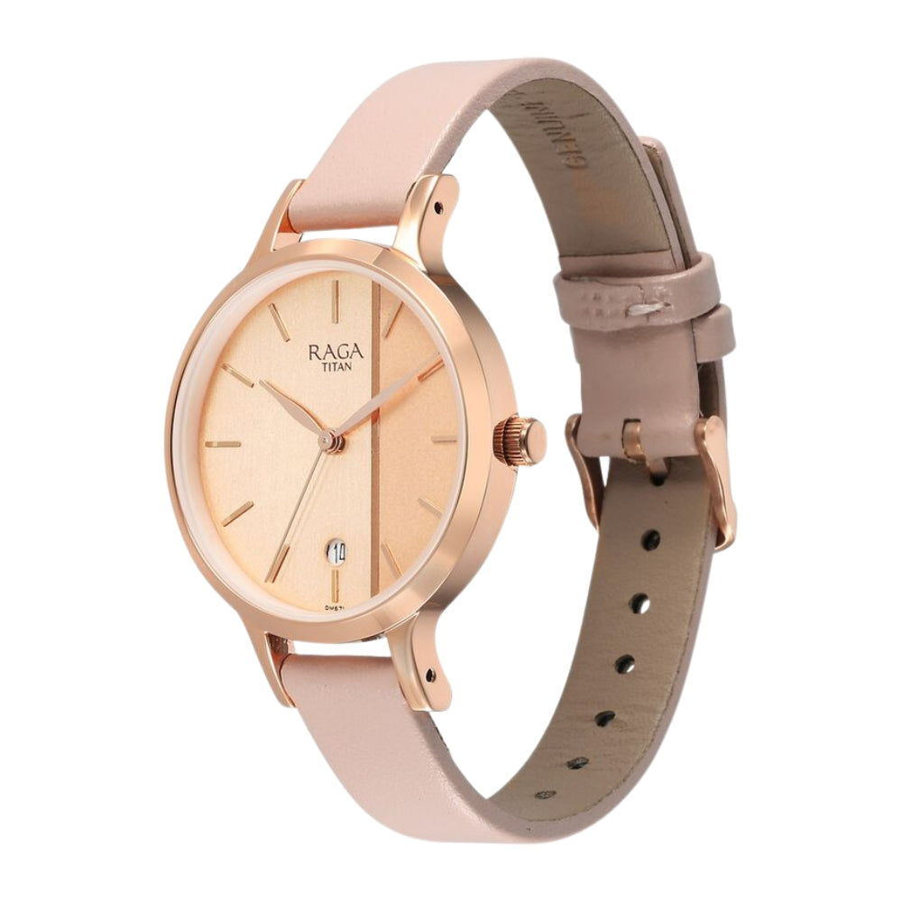 Titan Raga Viva Rose Gold Dial Analog with Date Leather Strap watch for Women 2684WL01