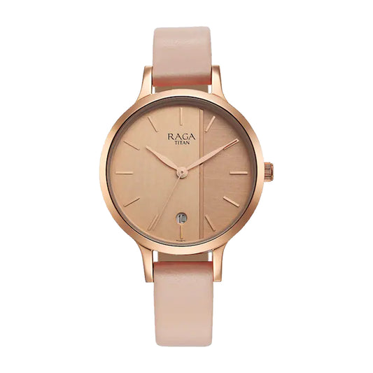 Titan Raga Viva Rose Gold Dial Analog with Date Leather Strap watch for Women 2684WL01