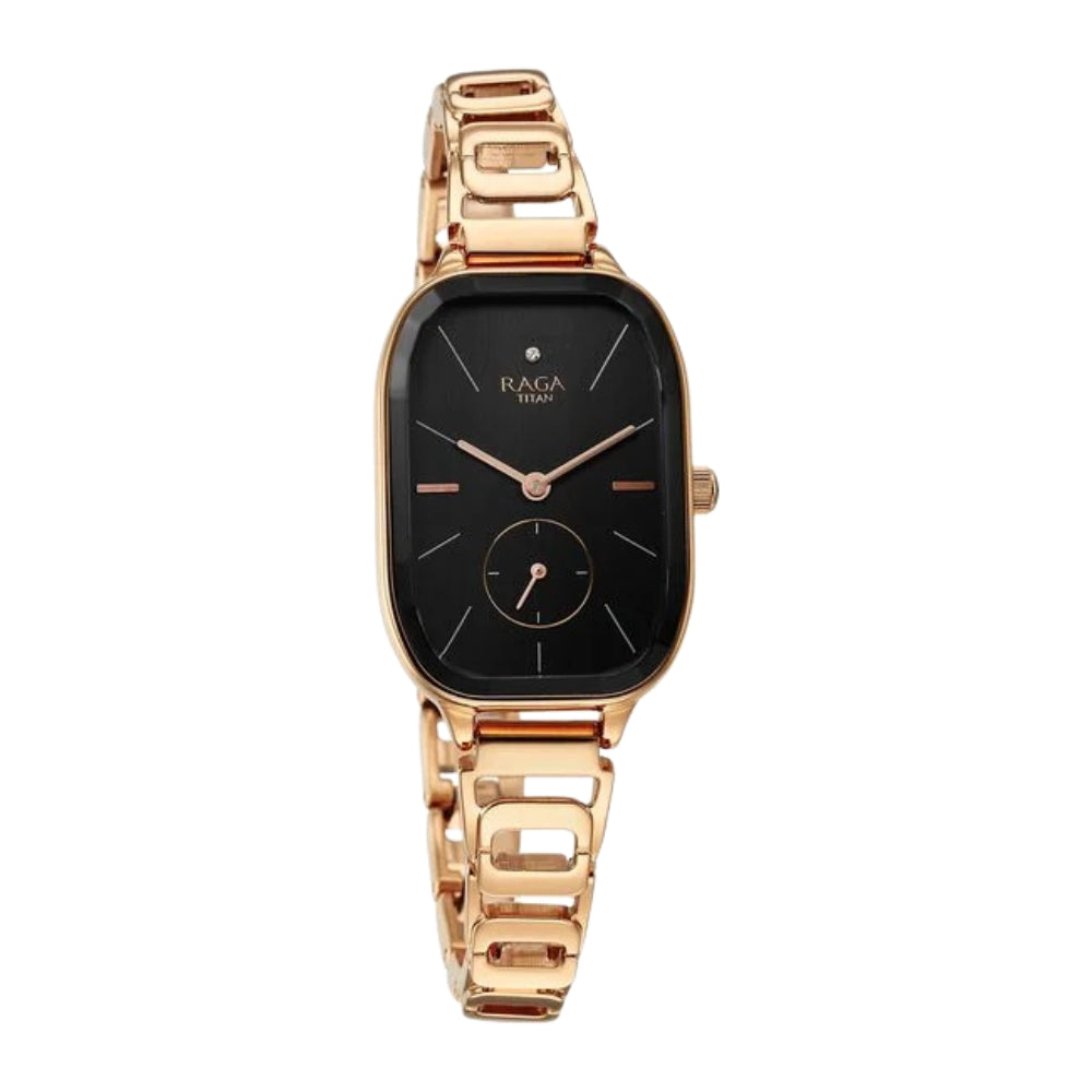 Titan Raga Chic Quartz Analog Black Dial Rose Gold Metal Strap Watch for Women 2687WM01