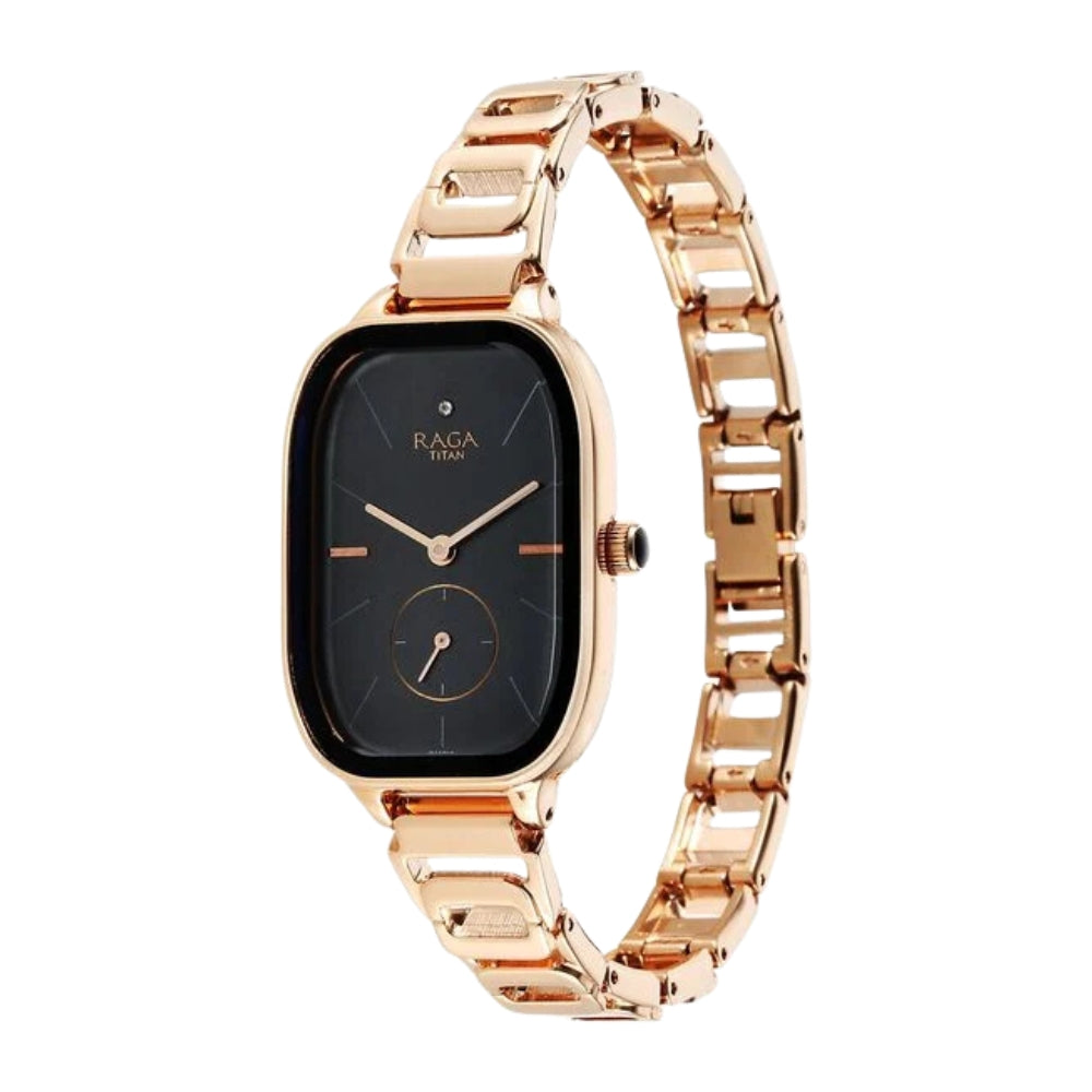 Titan Raga Chic Quartz Analog Black Dial Rose Gold Metal Strap Watch for Women 2687WM01