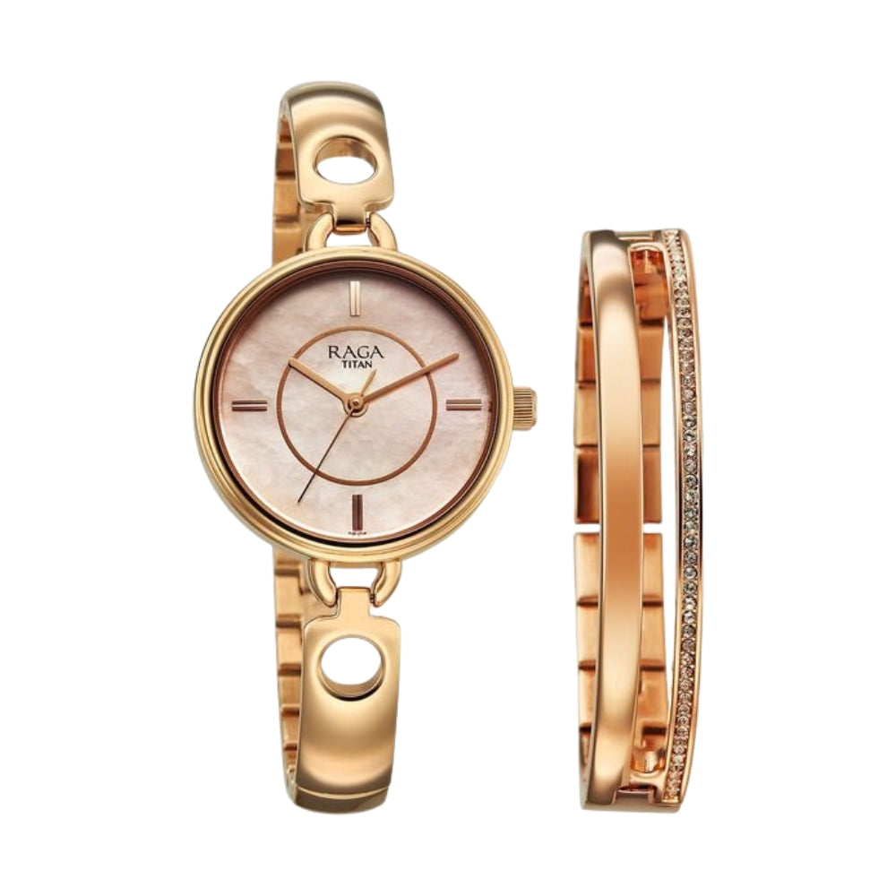 Titan Raga Contempore Quartz Analog Rose Gold Mother Of Pearl Dial Metal Strap Watch For Women 2774WM01F
