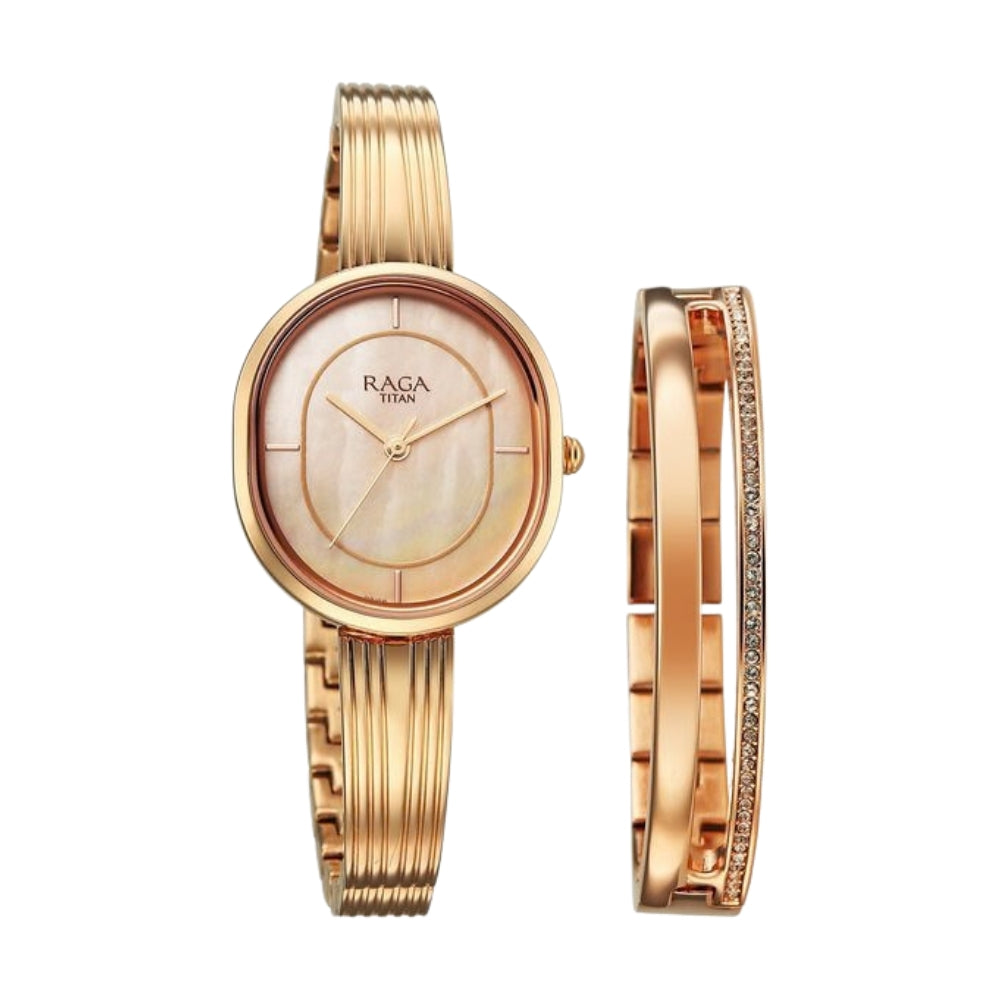Titan Raga Contempore Quartz Analog Rose Gold Mother Of Pearl Dial Metal Strap Watch For Women 2776WM01F