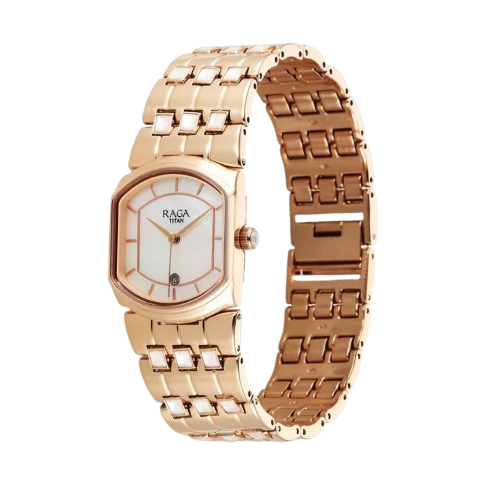 Titan Raga Power Pearls 2.0 Quartz Analog Mother Of Pearl Dial Rose Gold Metal Strap Watch For Women 2805WM01F