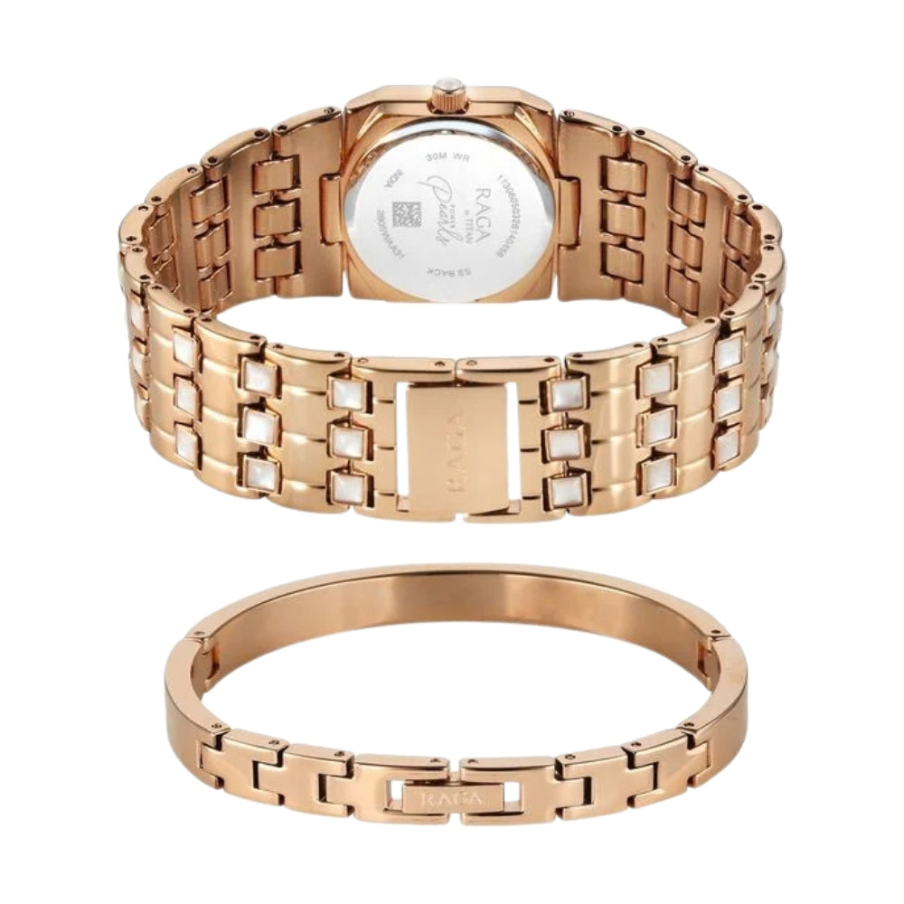 Titan Raga Power Pearls 2.0 Quartz Analog Mother Of Pearl Dial Rose Gold Metal Strap Watch For Women 2805WM01F