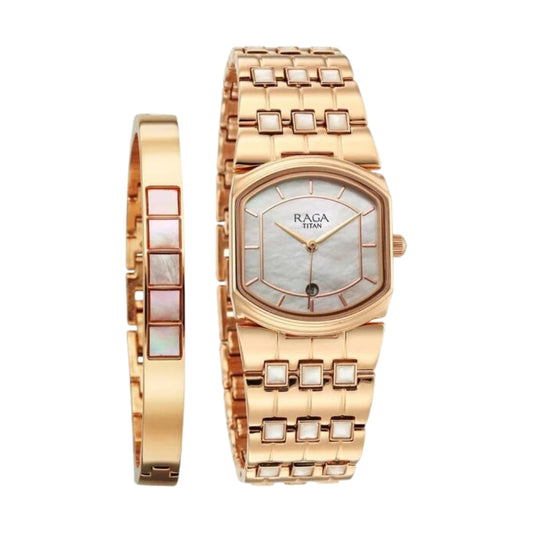 Titan Raga Power Pearls 2.0 Quartz Analog Mother Of Pearl Dial Rose Gold Metal Strap Watch For Women 2805WM01F