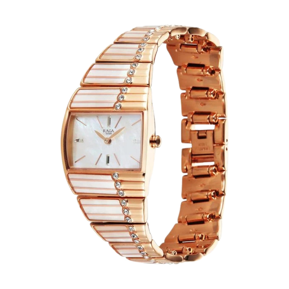 Titan Raga Power Pearls 2.0 Quartz Analog Mother Of Pearl Dial Rose Gold Metal Strap Watch For Women 2809WM01F