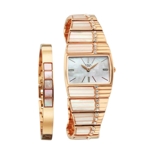 Titan Raga Power Pearls 2.0 Quartz Analog Mother Of Pearl Dial Rose Gold Metal Strap Watch For Women 2809WM01F