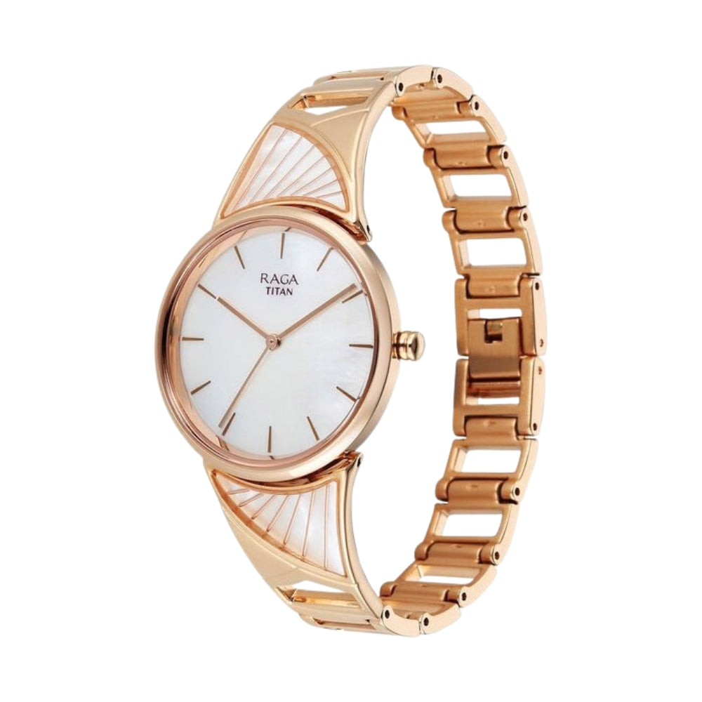 Titan Raga Power Pearls Quartz Analog Mother of Pearl Dial Rose Gold Metal Strap Watch For Women 2810WM01F