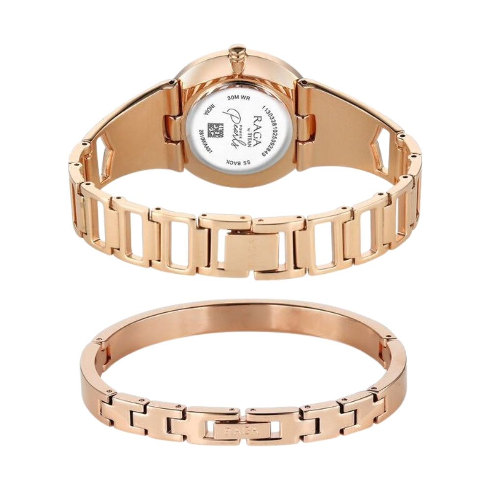 Titan Raga Power Pearls Quartz Analog Mother of Pearl Dial Rose Gold Metal Strap Watch For Women 2810WM01F