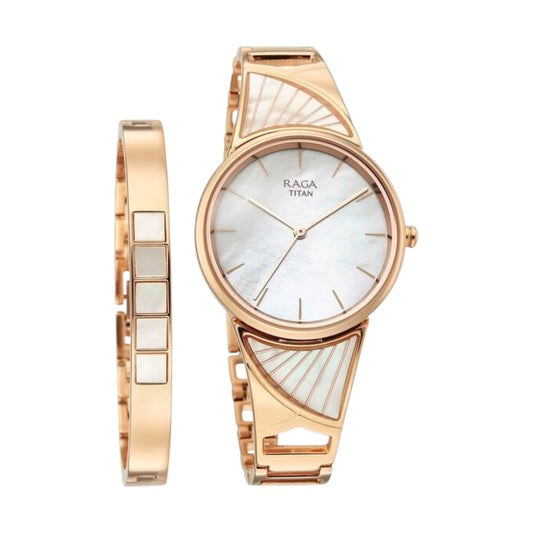 Titan Raga Power Pearls Quartz Analog Mother of Pearl Dial Rose Gold Metal Strap Watch For Women 2810WM01F