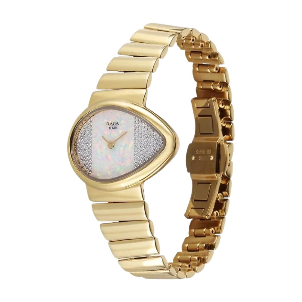 Titan Raga Opalesque Quartz Analog White Dial Golden Metal Strap Watch For Women 2814YM01