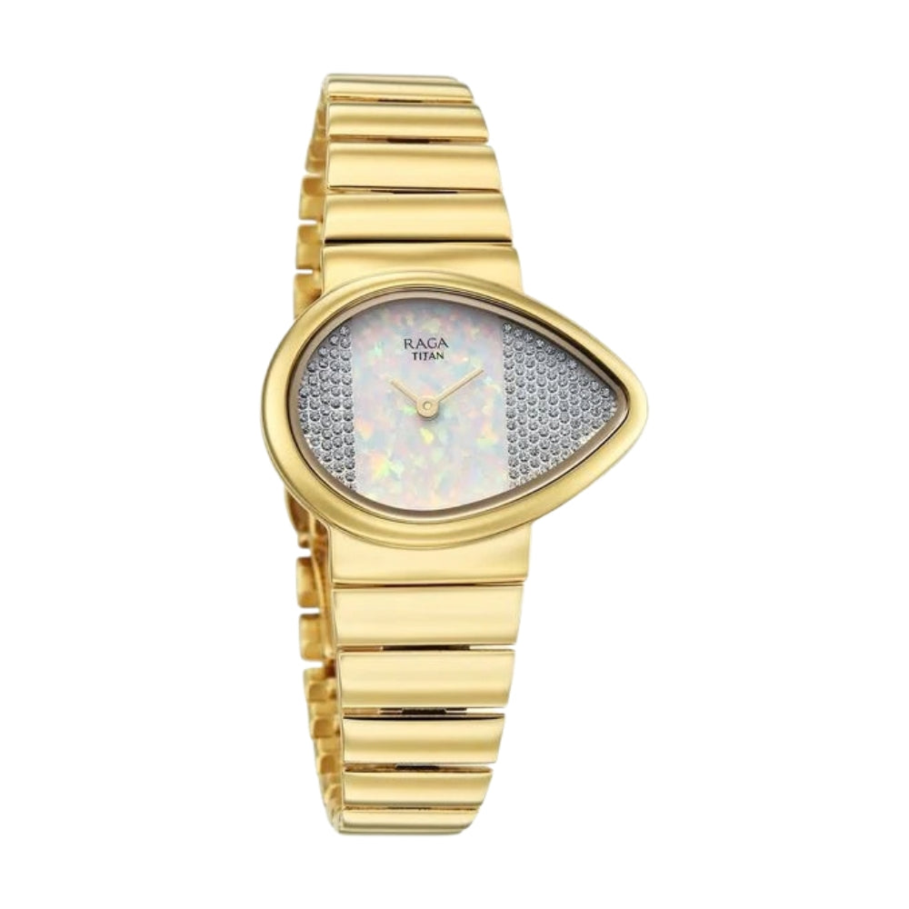 Titan Raga Opalesque Quartz Analog White Dial Golden Metal Strap Watch For Women 2814YM01