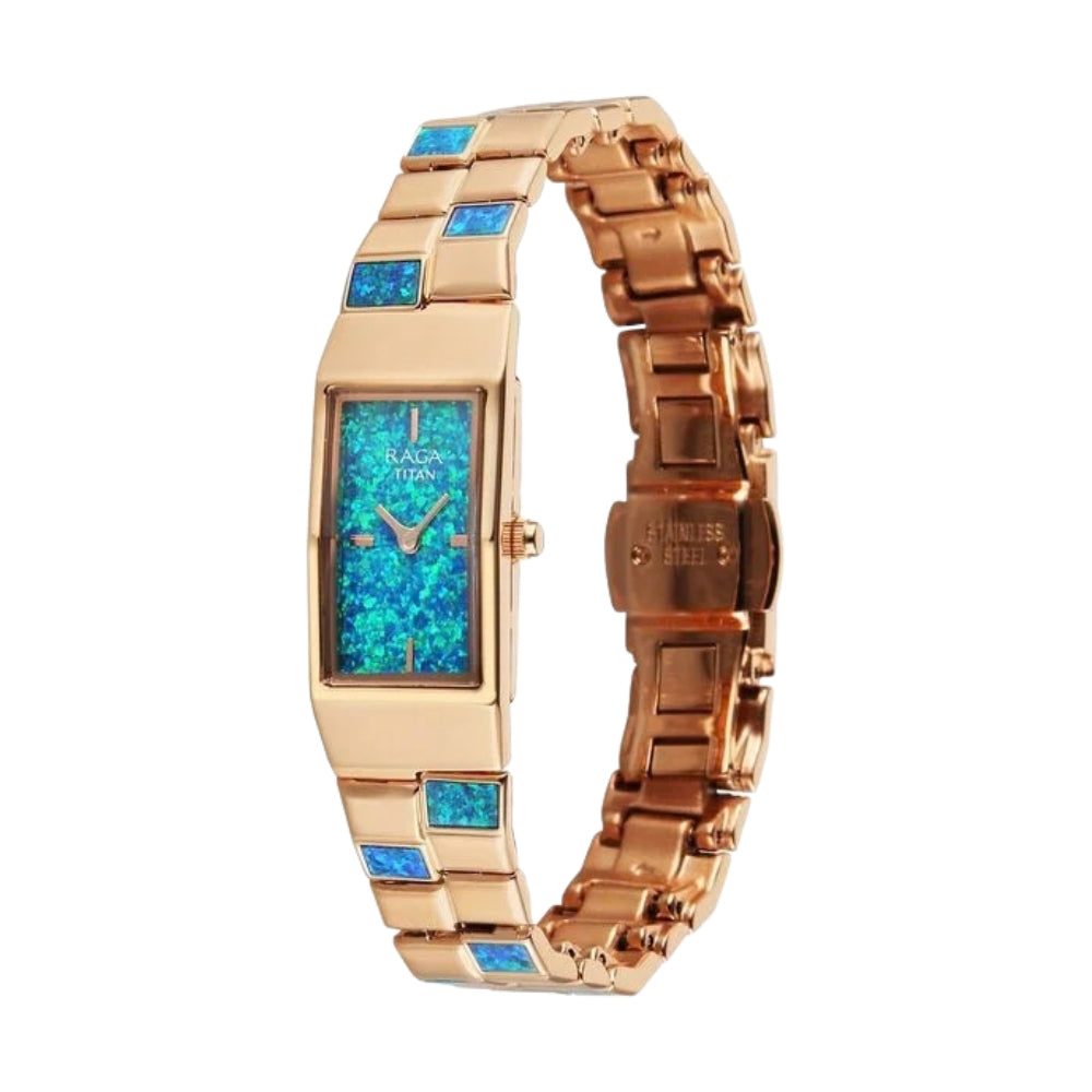Titan Raga Opalesque Quartz Analog Multicoloured Dial Rose Gold Metal Strap Watch For Women 2815WM01