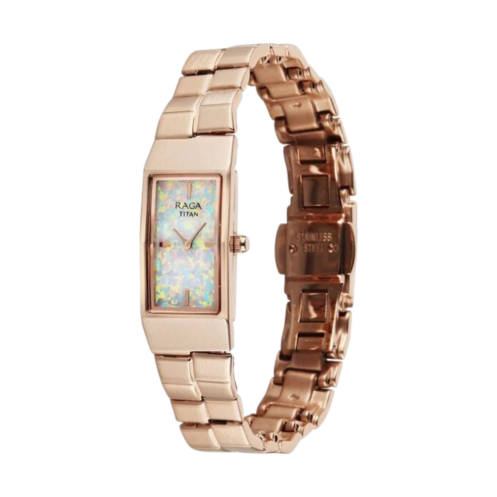 Titan Raga Opalesque Quartz Analog Multicoloured Dial Rose Gold Metal Strap Watch For Women 2815WM02