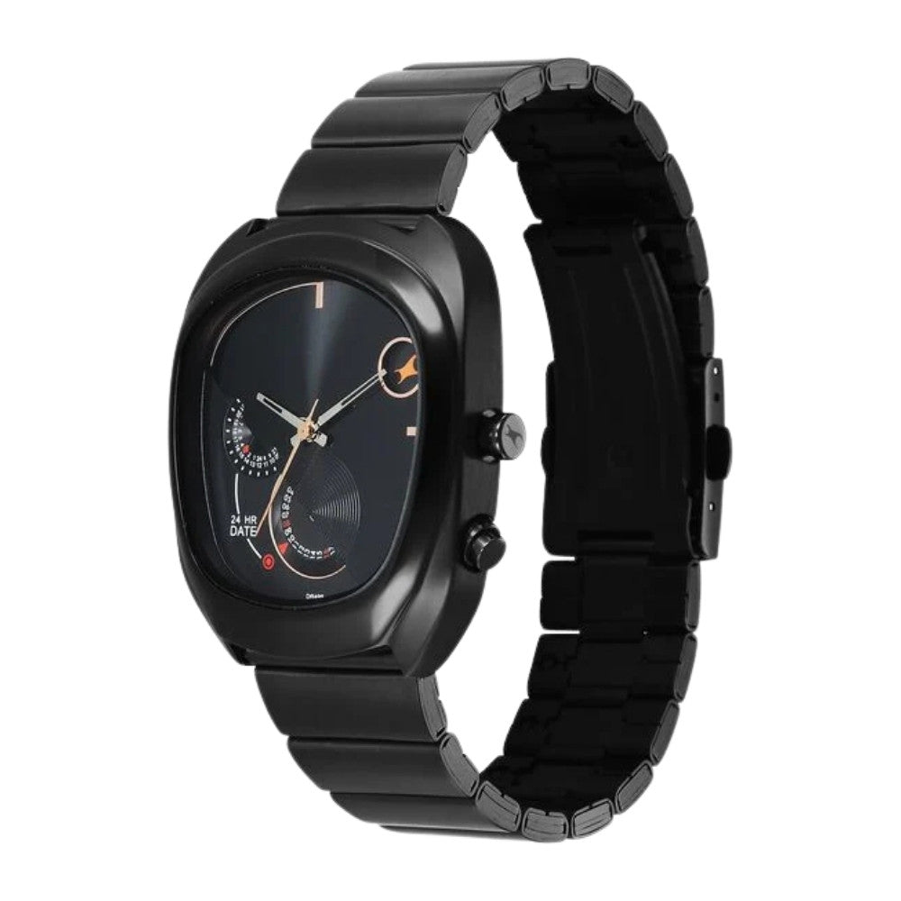 Fastrack UFO Quartz Multifunction Black Dial Black Stainless Steel Strap Watch For Guys 3327NM01