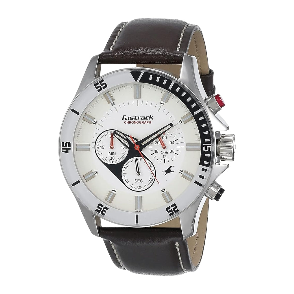 Fastrack Big Time Quartz Chronograph White Dial Leather Strap Watch for Guys 3072SL01