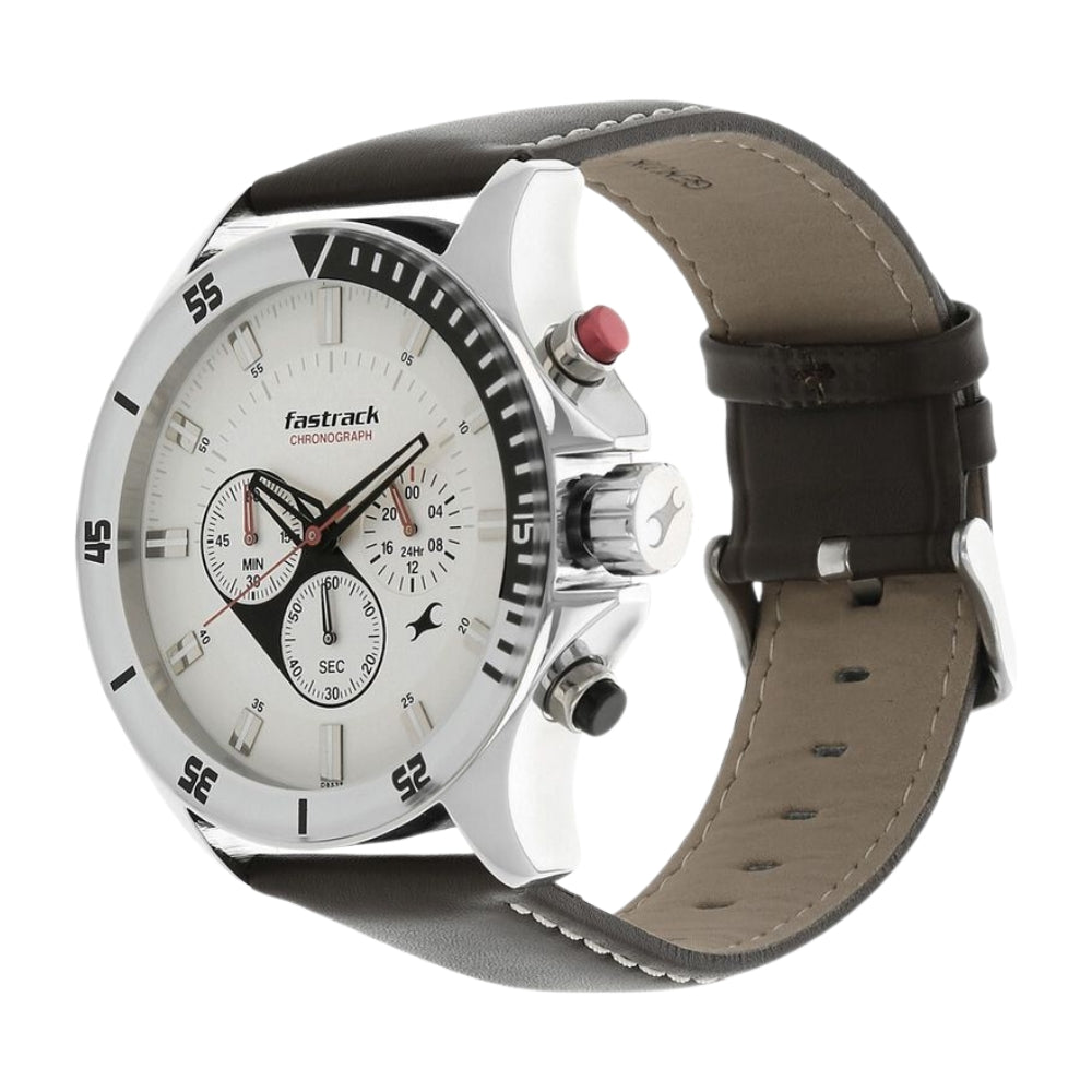 Fastrack Big Time Quartz Chronograph White Dial Leather Strap Watch for Guys 3072SL01