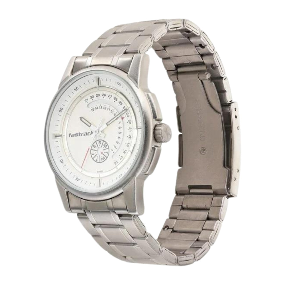 Fastrack Go Skate Quartz Analog with Day and Date White Dial Stainless Steel Strap Watch for Guys 3215SM01