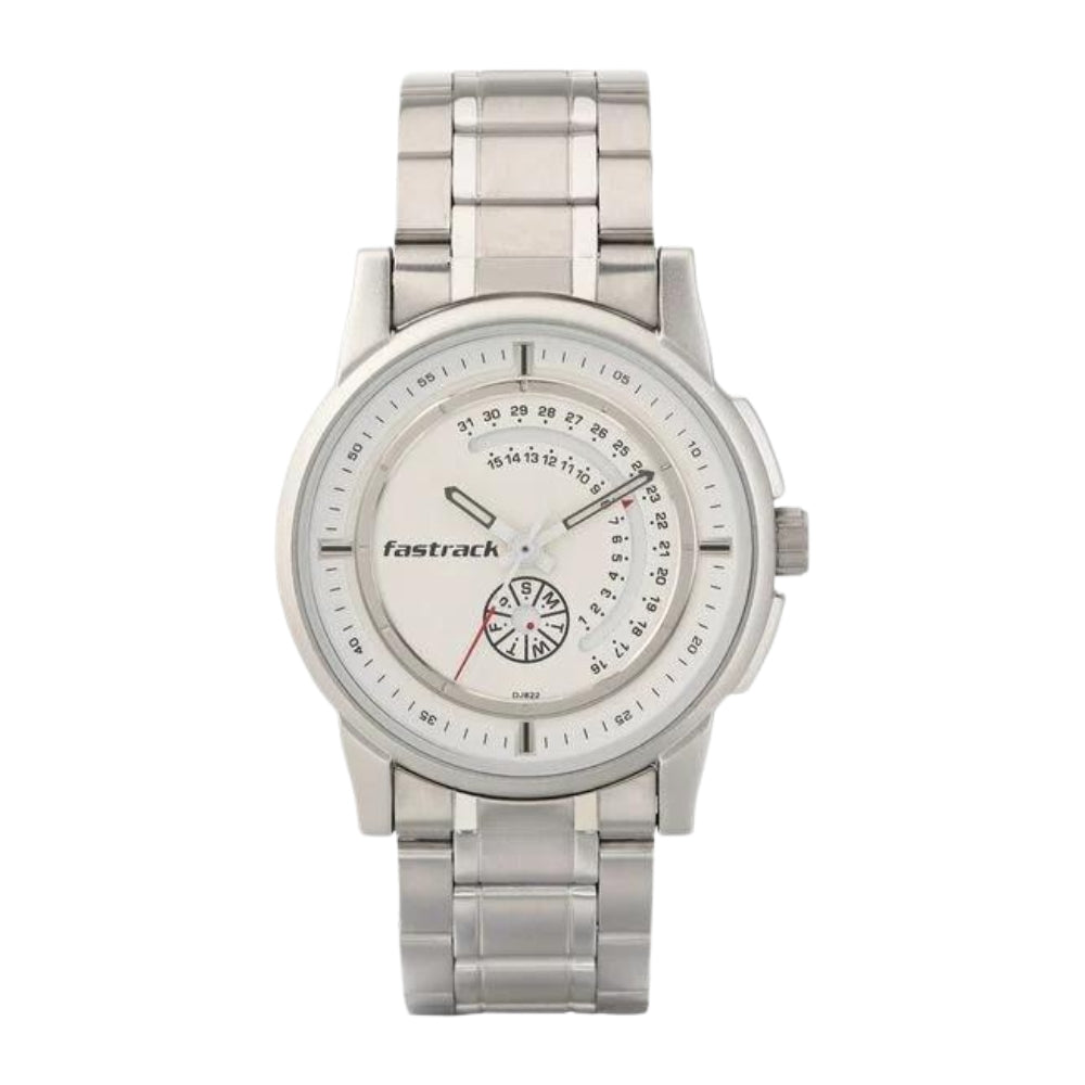 Fastrack Go Skate Quartz Analog with Day and Date White Dial Stainless Steel Strap Watch for Guys 3215SM01