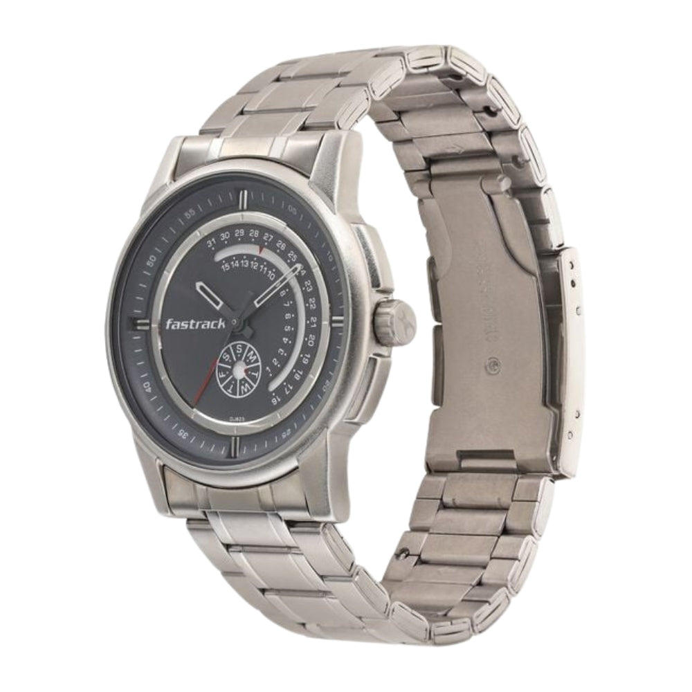Fastrack Go Skate Quartz Analog with Day and Date Grey Dial Stainless Steel Strap Watch for Guys 3215SM02