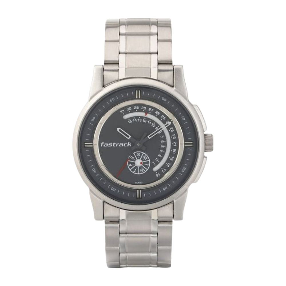 Fastrack Go Skate Quartz Analog with Day and Date Grey Dial Stainless Steel Strap Watch for Guys 3215SM02
