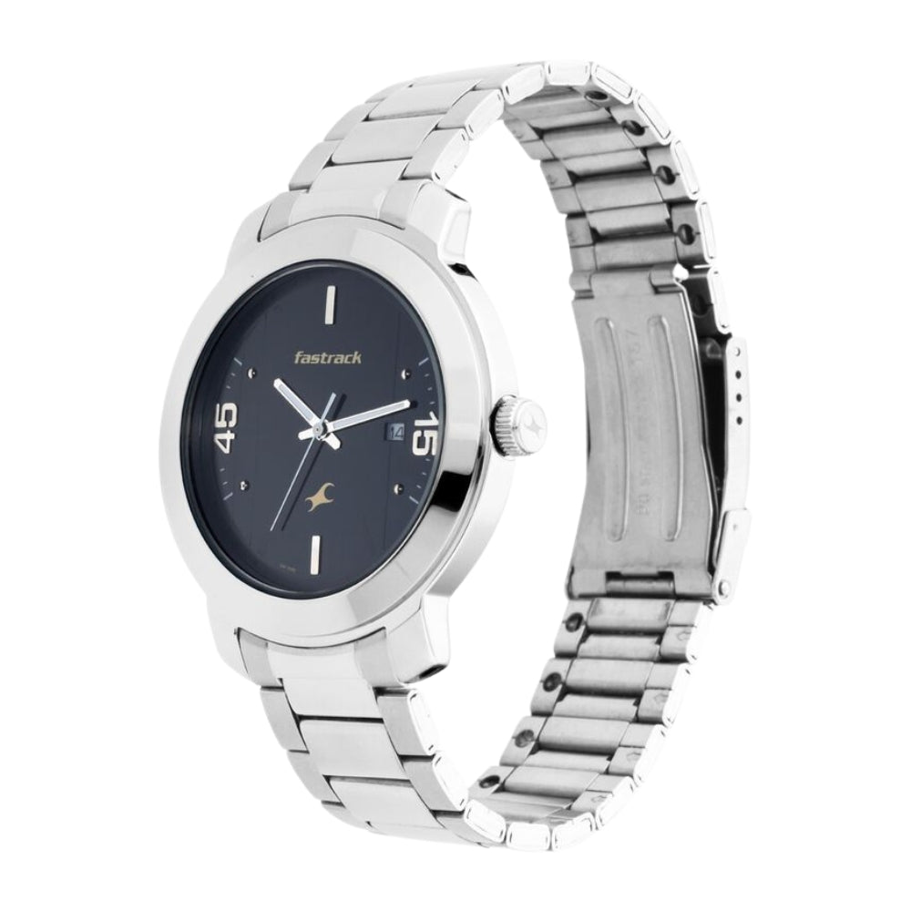 Fastrack Bare Basics Quartz Analog with Date Black Dial Stainless Steel Strap Watch for Guys 3246SM02