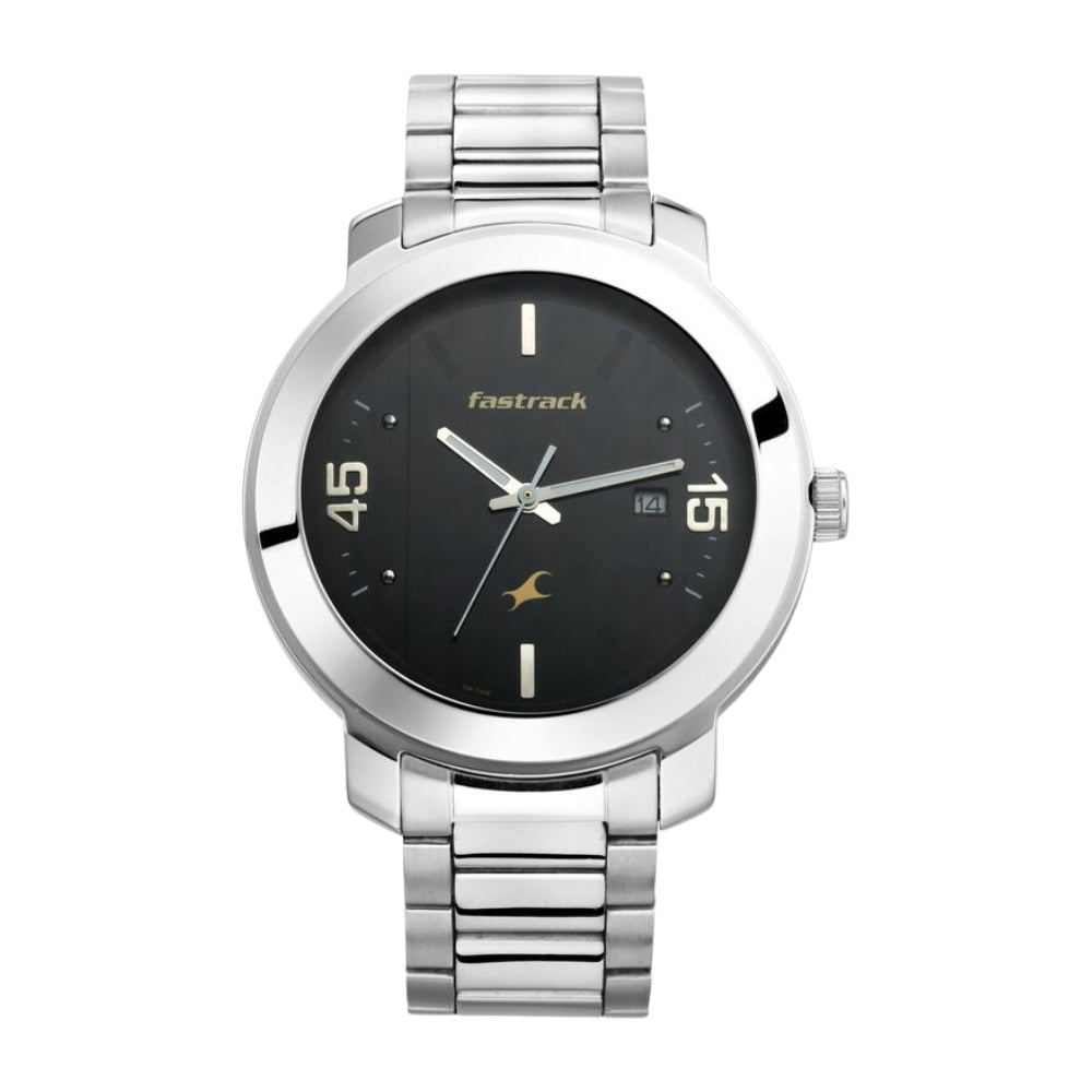 Fastrack Bare Basics Quartz Analog with Date Black Dial Stainless Steel Strap Watch for Guys 3246SM02
