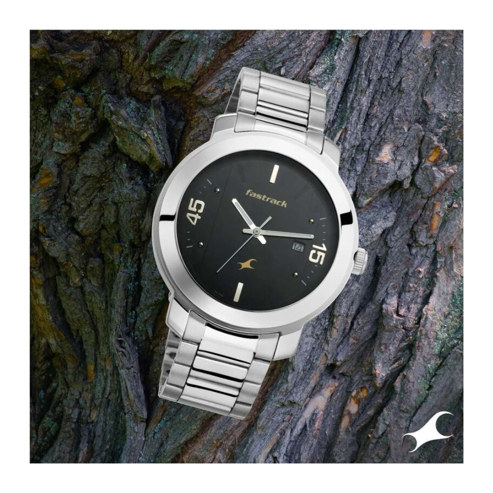 Fastrack Bare Basics Quartz Analog with Date Black Dial Stainless Steel Strap Watch for Guys 3246SM02