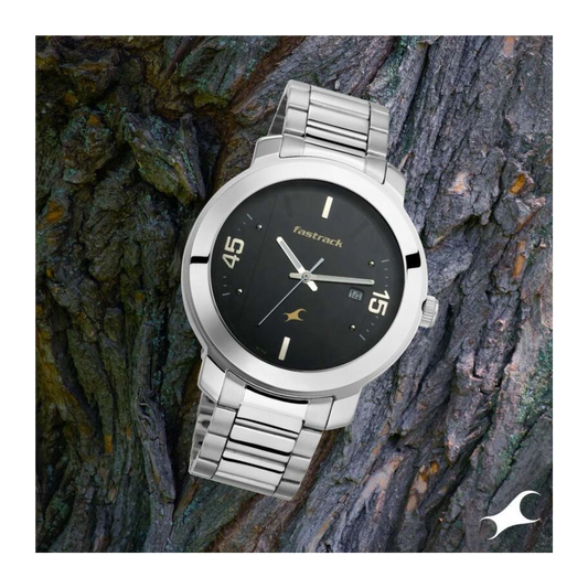 Fastrack Bare Basics Quartz Analog with Date Black Dial Stainless Steel Strap Watch for Guys 3246SM02