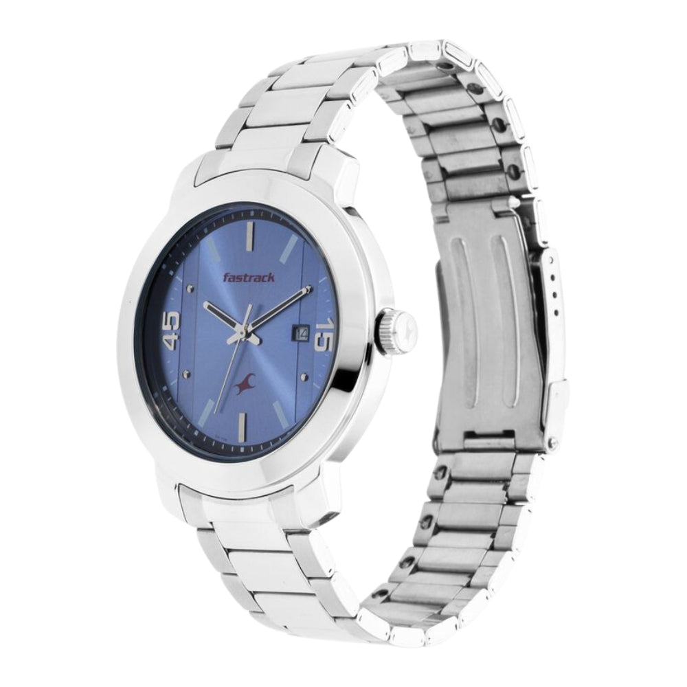 Fastrack Bare Basics Quartz Analog with Date Blue Dial Stainless Steel Strap Watch for Guys 3246SM03