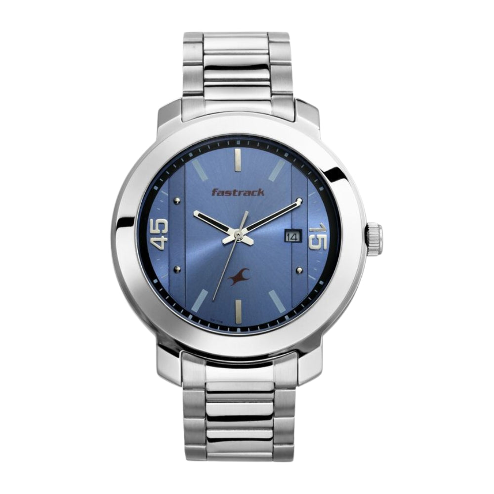 Fastrack Bare Basics Quartz Analog with Date Blue Dial Stainless Steel Strap Watch for Guys 3246SM03