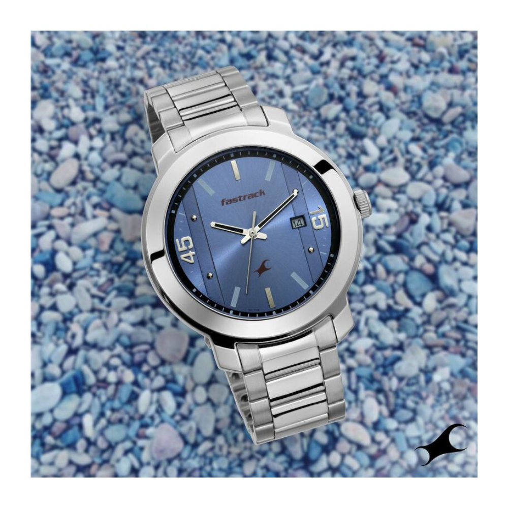 Fastrack Bare Basics Quartz Analog with Date Blue Dial Stainless Steel Strap Watch for Guys 3246SM03