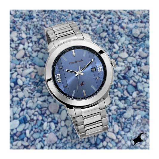 Fastrack Bare Basics Quartz Analog with Date Blue Dial Stainless Steel Strap Watch for Guys 3246SM03