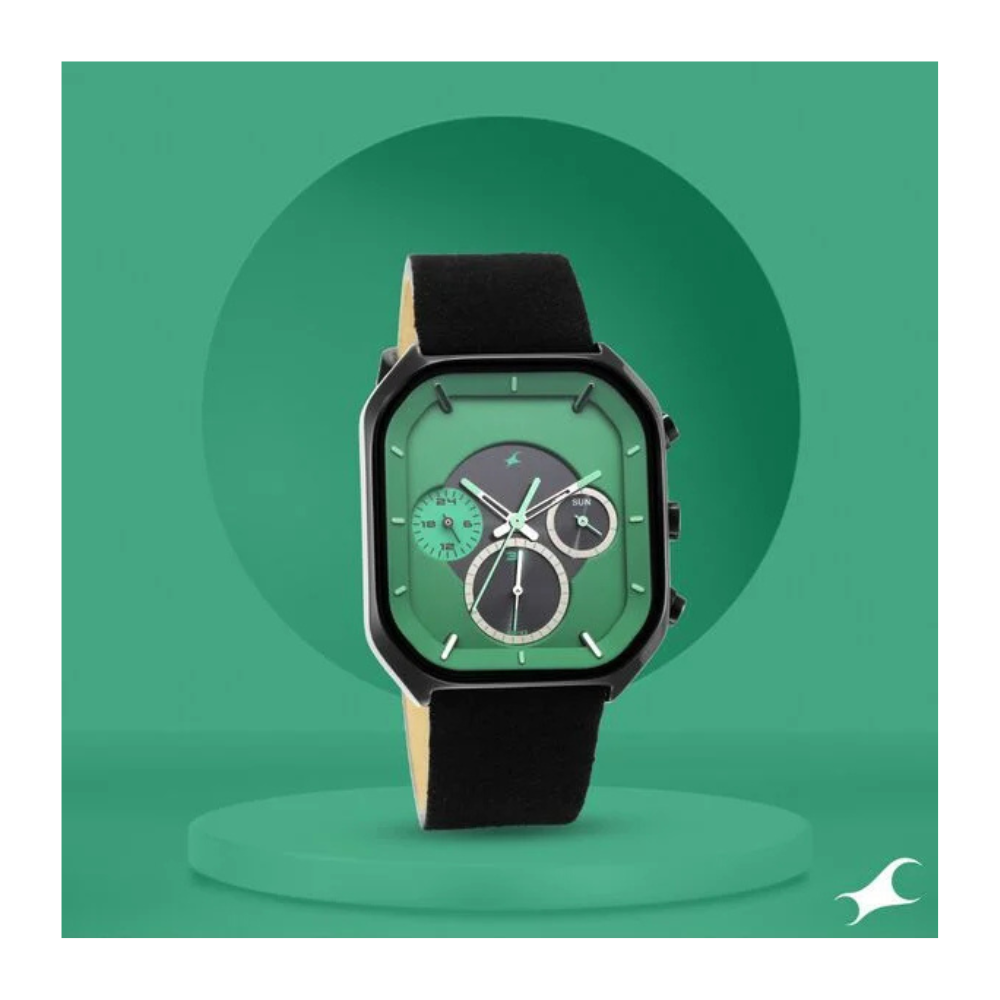 Fastrack After Dark Quartz Analog with Date Green Dial Leather Strap Watch for Guys 3270NL01