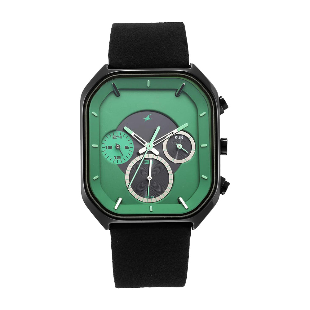Fastrack After Dark Quartz Analog with Date Green Dial Leather Strap Watch for Guys 3270NL01