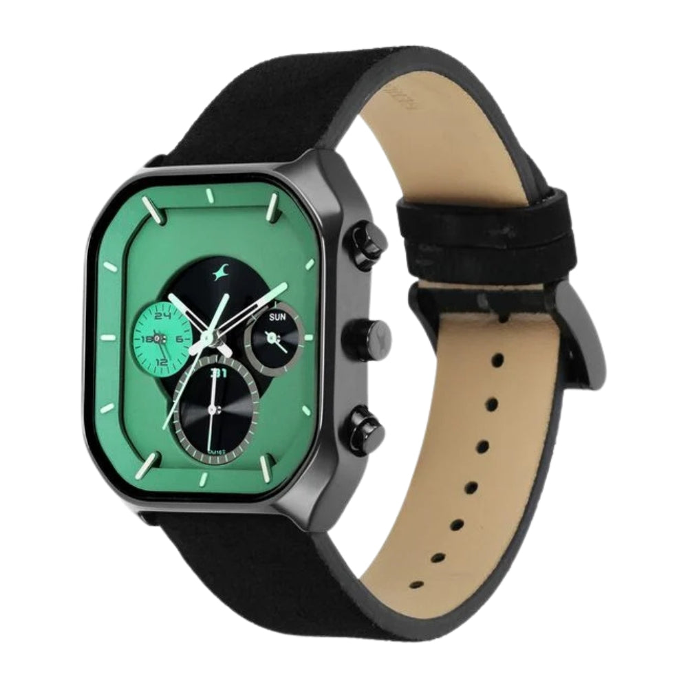 Fastrack After Dark Quartz Analog with Date Green Dial Leather Strap Watch for Guys 3270NL01