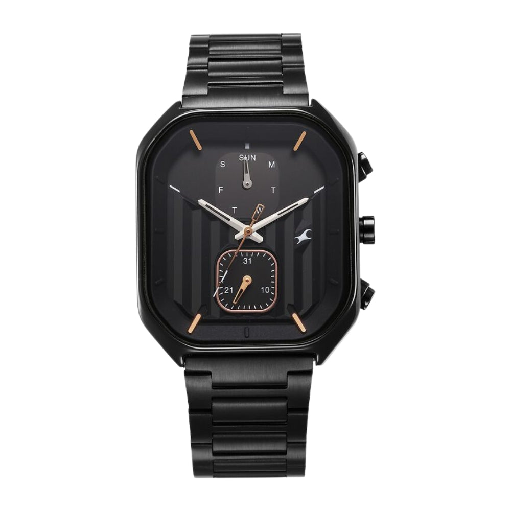Fastrack Fleek Quartz Multifunction Black Dial Stainless Steel Strap Watch For Guys 3270NM01