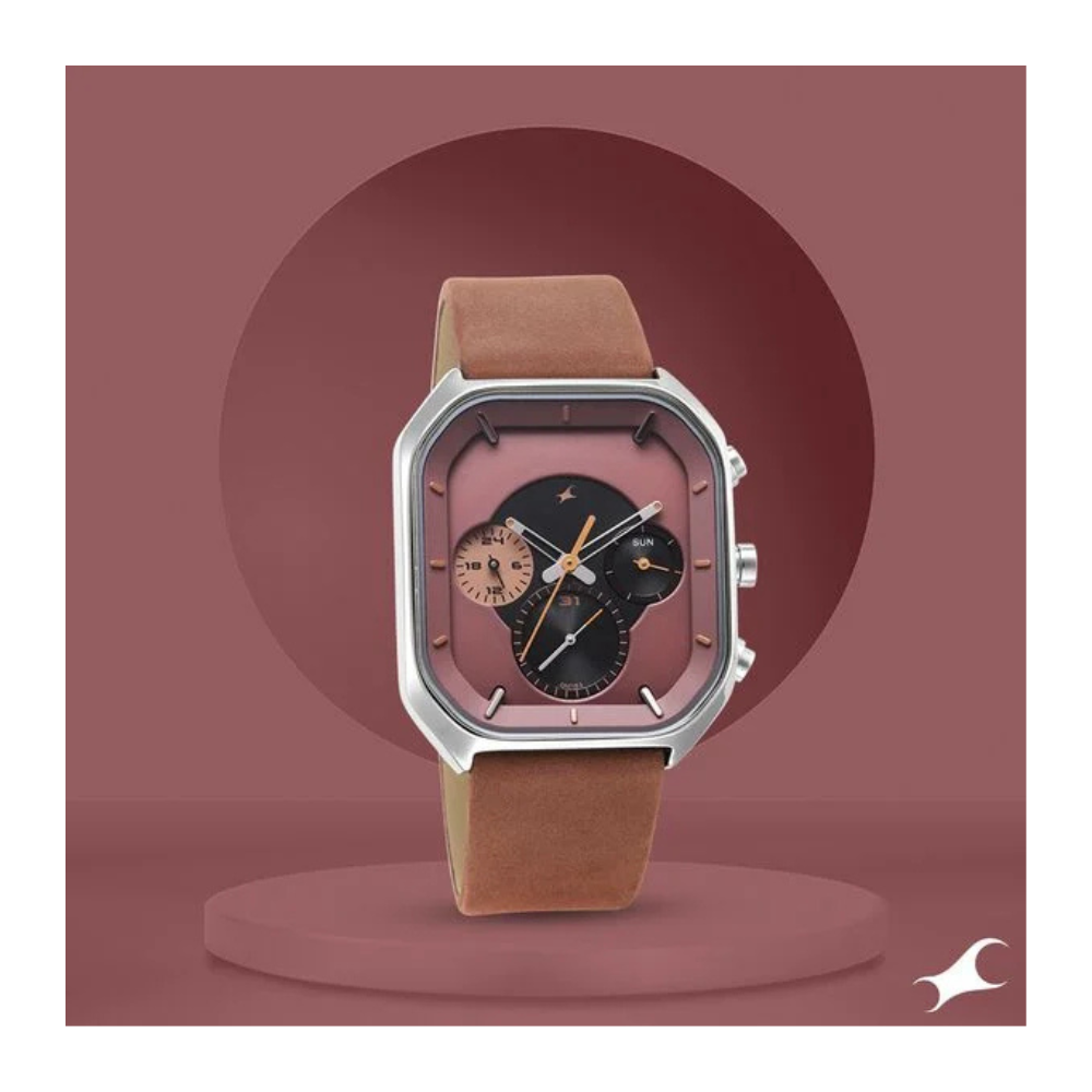 Fastrack After Dark Quartz Analog with Date Brown Dial Leather Strap Watch for Guys 3270SL01