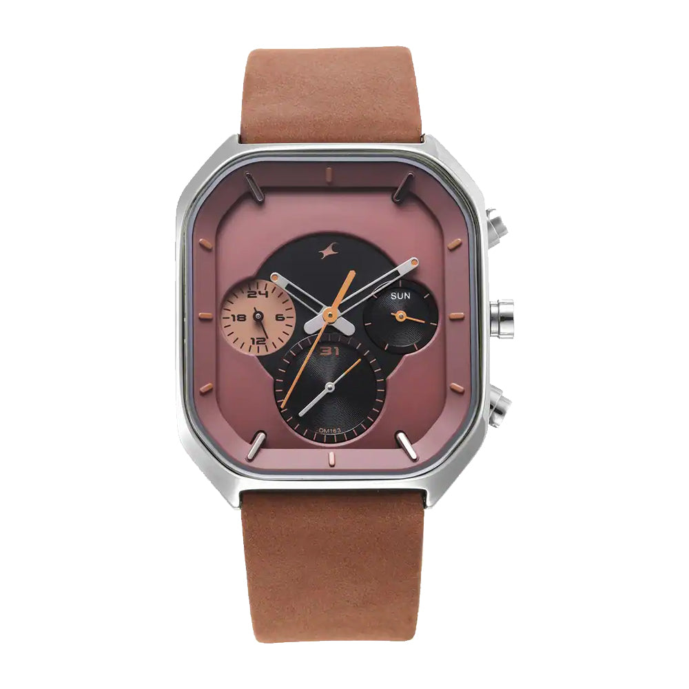 Fastrack After Dark Quartz Analog with Date Brown Dial Leather Strap Watch for Guys 3270SL01