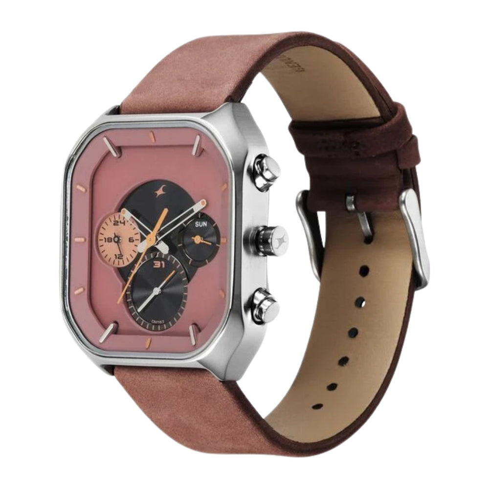 Fastrack After Dark Quartz Analog with Date Brown Dial Leather Strap Watch for Guys 3270SL01